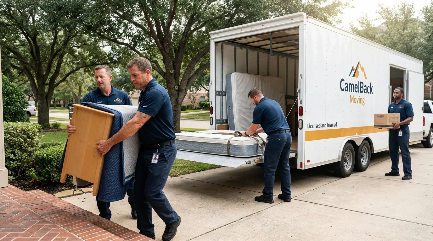 Crew loading residential truck for cross-state move from Mecca, CA