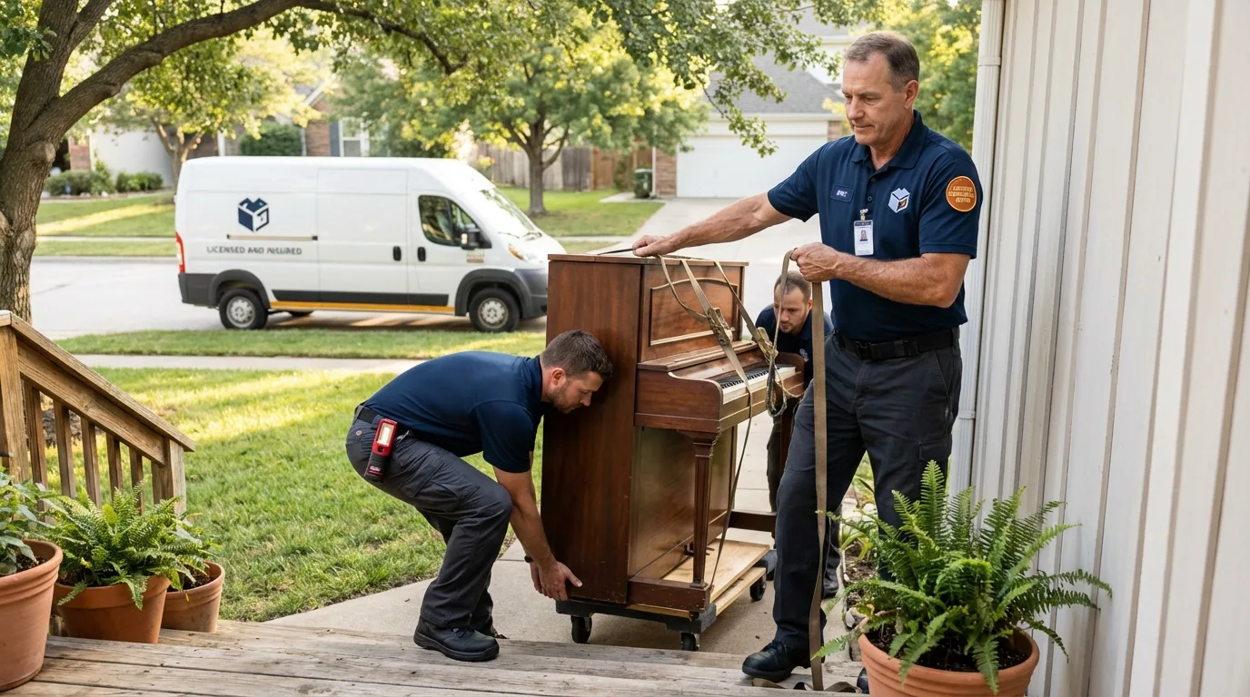 Licensed piano movers securing grand piano in Mecca, CA