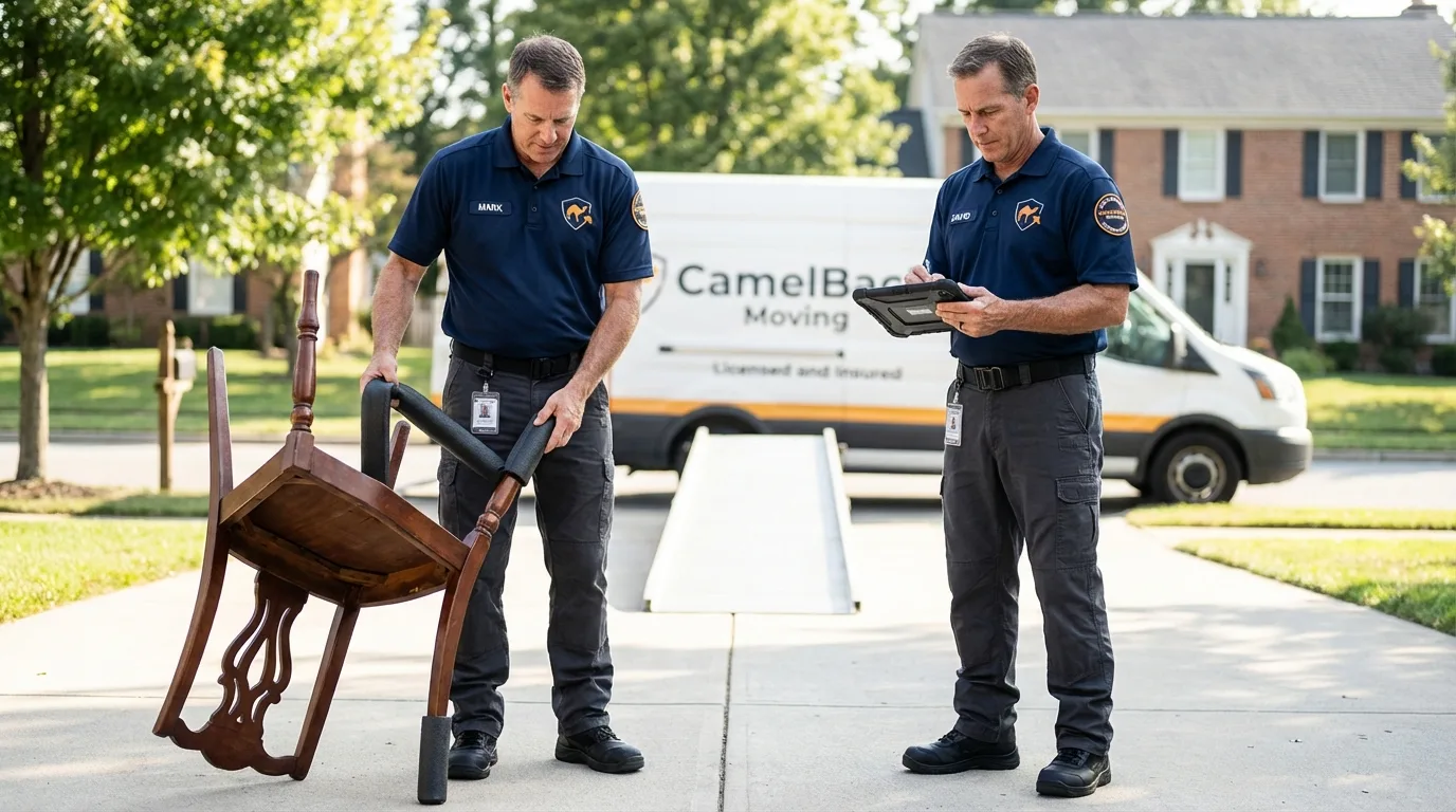 Movers inspecting furniture for damage prevention before loading in Mecca, CA