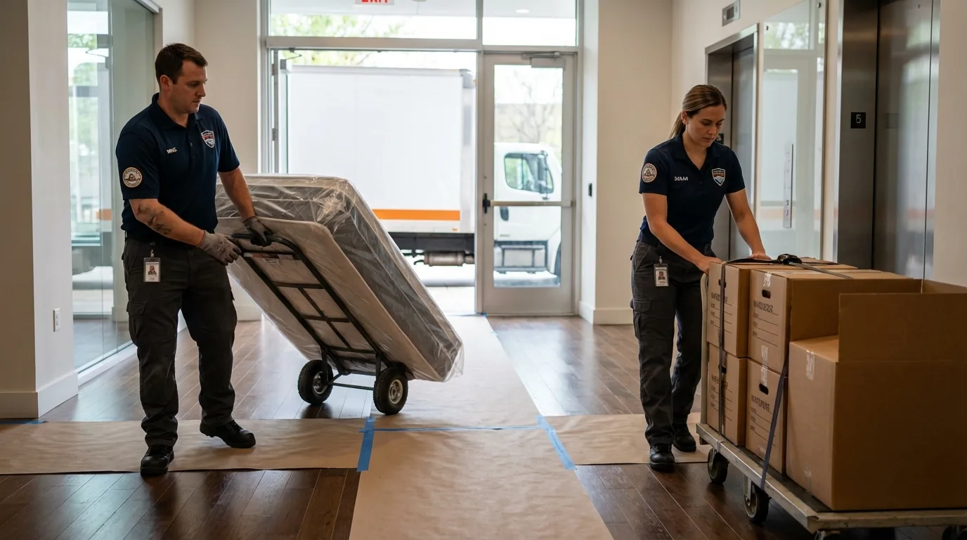 Professional apartment movers loading elevator in Mecca, CA