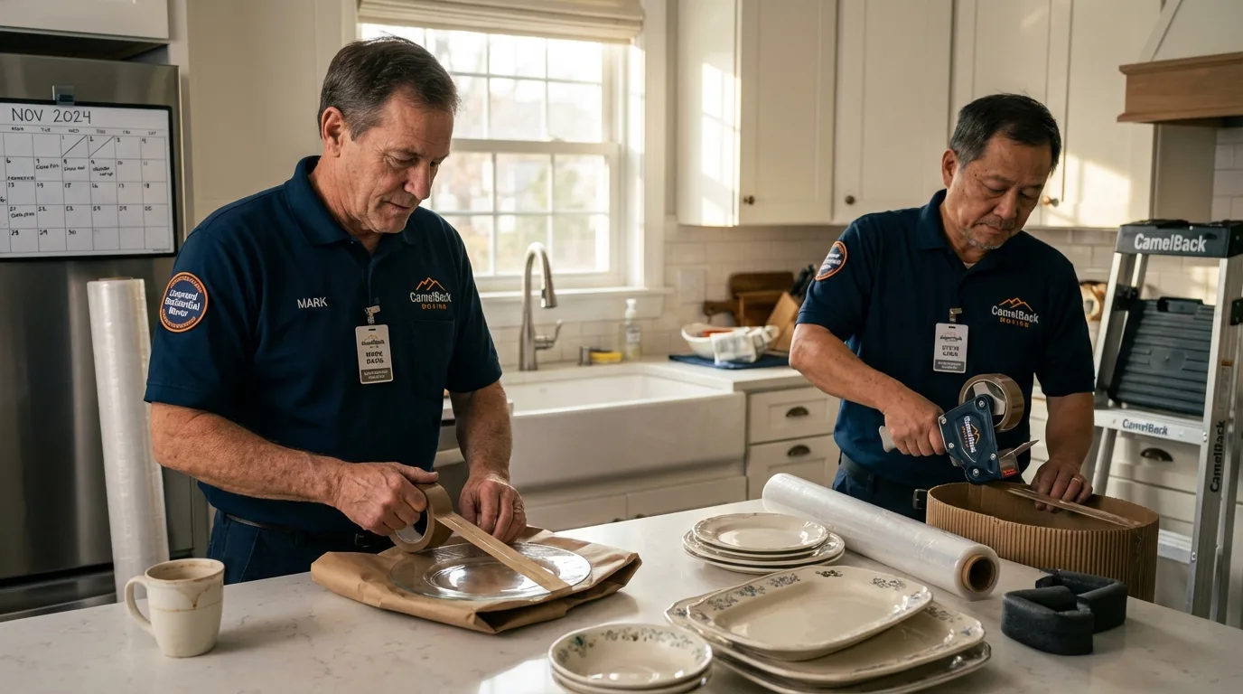 Professional crew packing kitchen dishware in Mecca, CA